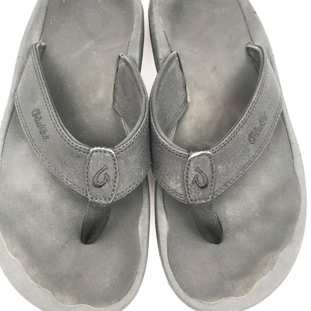 OLUKAI Black Leather Flip Flop Thong Sandals Mens 8 Womens 11 Beach Vacation - Picture 6 of 10